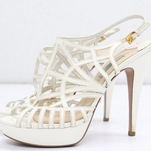 Prada Off White Patent Leather Caged Platform Sandals Size 8.5 US/38.5 E - Picture 1 of 15